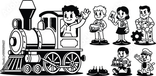 Black and white vector steam locomotive with waving conductor boy and assorted cartoon children characters