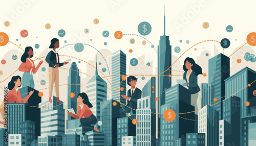 A calming, illustrative image depicting a businesswoman constructing a city with building blocks, suggesting growth, strategy, and creative problem-so