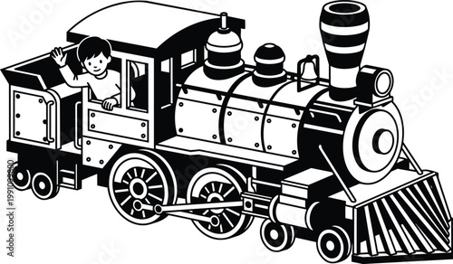 Black and white cartoon steam locomotive with a waving child in the cab vector art