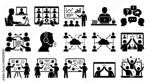 Remote Teamwork Silhouette Vector Set – Online Meeting & Collaboration Icons