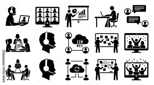 Remote Teamwork Silhouette Vector Set – Online Meeting & Collaboration Icons