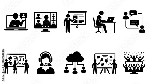 Remote Teamwork Silhouette Vector Set – Online Meeting & Collaboration Icons