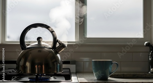 A kettle whistling on a stovetop with steam rising and a cup nearby in a kitchen