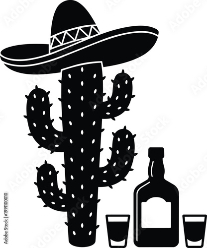 Cactus wearing sombrero with tequila bottle and two shot glasses black and white vector illustration