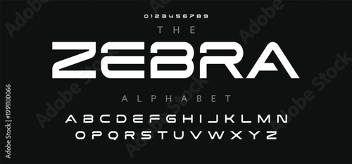 ZEBRA Tech font, digital modern alphabet, uppercase Latin letters from A to Z and Arab numbers from 0 to 9 for you designs, vector illustration 10EPS