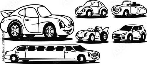 Black and white line art smiling cars set including limousine sports convertible and compact
