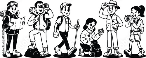 Black and white line art hikers with backpacks map binoculars compass and camera