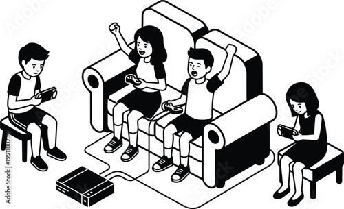 Isometric black and white kids playing video games on couch with controllers