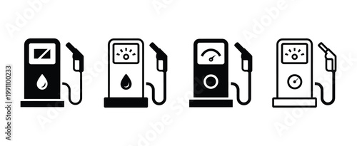 Gas Pump Station Vector Icon Set, Petrol Fuel Dispenser Symbols Collection, Gasoline Station Icons for Automotive Service, Energy Industry, Transport and UI Design Illustration