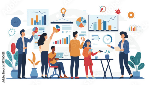 A modern illustration depicting a man standing near a potted plant. This image evokes feelings of calm and well-being, making it ideal for content rel