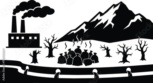 Black and white pollution scene factory smokestacks leaking waste into river with dead trees and trash bags