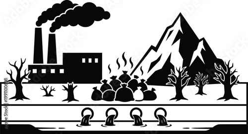 Monochrome pollution scene factory smokestacks garbage bags leaching into river with mountain backdrop