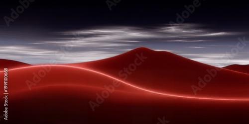 A surreal landscape of red sand dunes under a dramatic sky with glowing lines tracing across the hills at dusk or dawn in a fantastical environment.