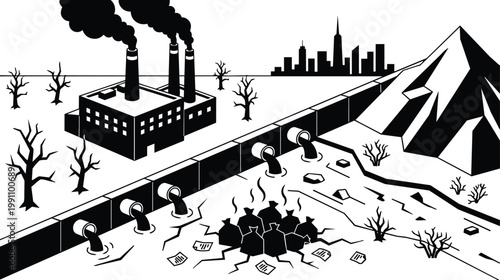 Black and white polluted river with factory smokestacks dead trees and skyline
