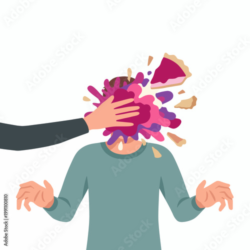 A comedic scene where a person is about to get hit with a pie, capturing humor, surprise, and the playful spirit of fun-filled gatherings and celebrations.