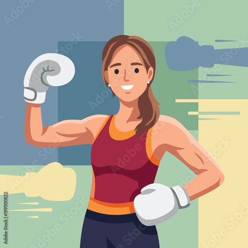 A confident woman wearing boxing gloves and flexing her muscles, symbolizing empowerment and strength within the sport of boxing in a vibrant visual setting.