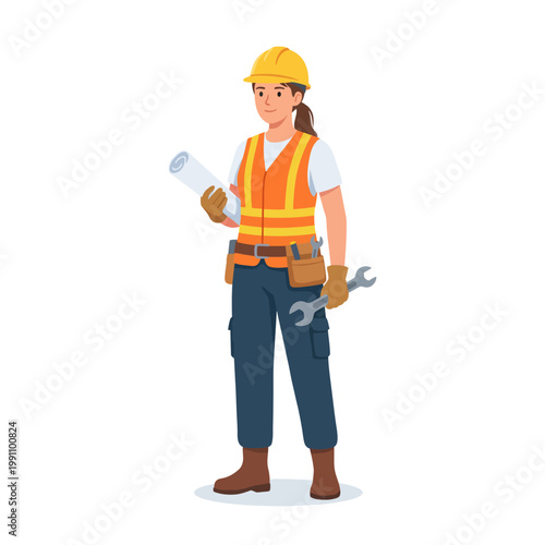 A confident woman in a construction outfit holding a wrench and blueprints, exemplifying strength and expertise in the skilled trades and construction industry.