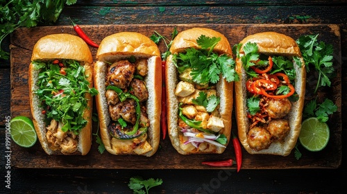 Premium banh mi sandwiches with grilled meatballs and fresh cilantro on rustic wooden cutting board overhead view for gourmet restaurant menu