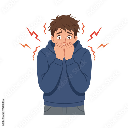 A young man with brown hair shows fear and anxiety, covering his mouth while looking worried, surrounded by jagged lines representing stress and intensity in an illustration.
