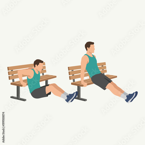 A man performs dips using a park bench, showcasing strength and fitness. This outdoor exercise highlights the importance of bodyweight training and maintaining an active lifestyle.
