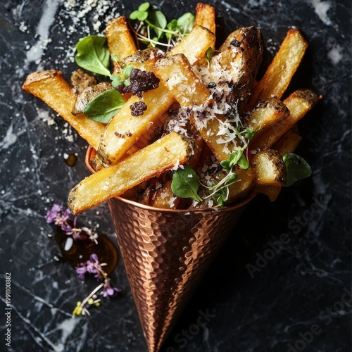 Duck fat fries gourmet copper cone holder premium restaurant truffle oil microgreens parmesan cheese fine dining artisanal presentation dark marble
