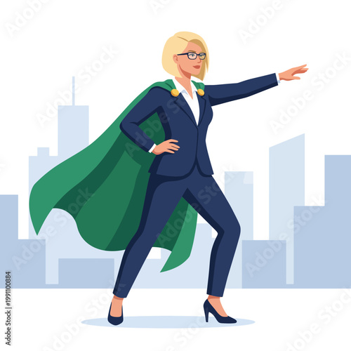 A confident businesswoman stands tall wearing a superhero cape, symbolizing empowerment, leadership, and the ability to overcome challenges in a corporate world.