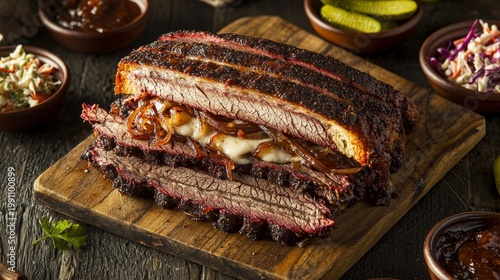 Premium brisket sandwich with slow-smoked beef melted cheese caramelized onions on wooden cutting board barbecue restaurant style presentation