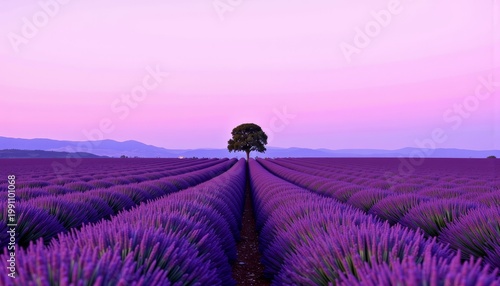 Solitary Tree Amidst Boundless Lavender Fields Underneath Majestic Pastel Sky at Sunset Over Serene Landscape with Horizon Vanishing into Distant Mountains