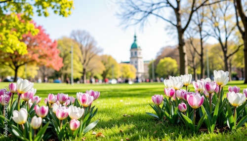 Vibrant Spring Landscape Featuring Blooming Tulips and Historic Architecture in a Lush Green Park Setting with Clear Blue Skies and Colorful Trees