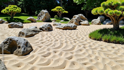 Tranquil Zen Garden with Carefully Arranged Rocks and Verdant Trees Under Sunlight Creating Harmonious Natural Landscape