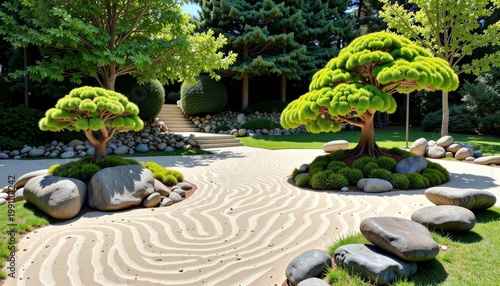 Serene Zen Garden Featuring Meticulously Raked Sand Patterns with Lush Potted Bonsai Trees and Natural Stones Creating a Tranquil and Harmonious Atmosphere