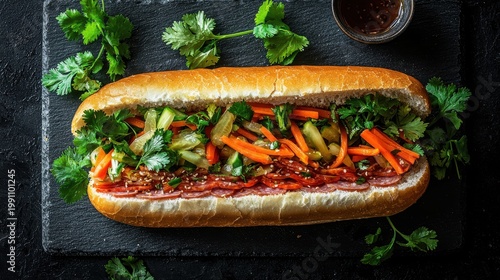 Gourmet banh mi Vietnamese sandwich with pickled vegetables fresh cilantro and premium meat on crusty baguette dark slate background overhead view