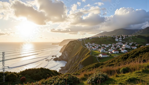 Expansive Coastal Village Overlooking a Serene Ocean with Rolling Hills and Dramatic Cliffs Basking in the Warmth of a Golden Sunset Amidst Lush Greenery
