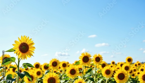 Blossoming sunflower field under a clear blue sky showcasing vibrant yellow petals and lush green leaves creating a picturesque and serene natural landscape