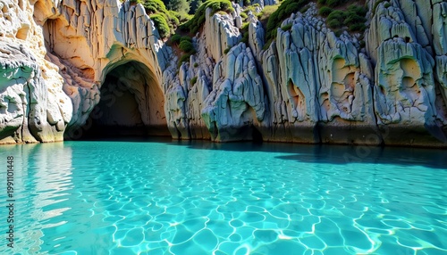 Serene Natural Sea Cave with Crystal Clear Turquoise Waters and Rugged Limestone Formations Creating a Tranquil Escape in a Coastal Landscape