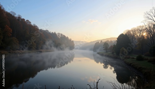 Serene Autumn Dawn: Misty River Reflecting Bare Trees Under Subtle Sunrise Hues Amidst A Tranquil Forested Landscape