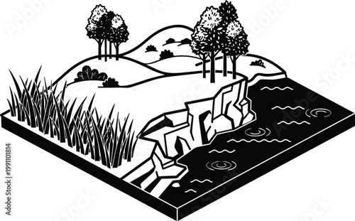 Black and white isometric coastal cliff with reeds trees rolling hills vector art