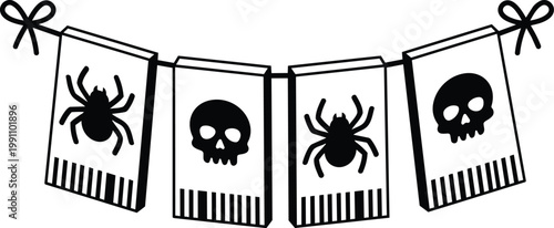 Halloween black and white skull and spider banner flags hanging on ribbon garland