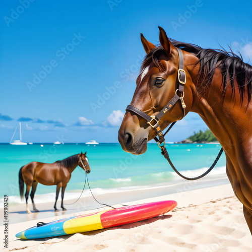 Horses on Tropical Beach by Turquoise Water in St. Thomas, U.S. Virgin Islands