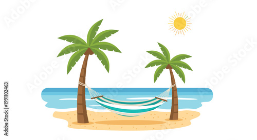 A relaxing striped hammock is suspended between two tropical palm trees on a pristine sandy beach overlooking the calm blue ocean under a bright sun.