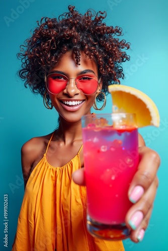 Smiling black woman holding a vibrant pink cocktail, colorful summer vibe, playful portrait, tropical drink, cheerful lifestyle and bright modern aesthetic.