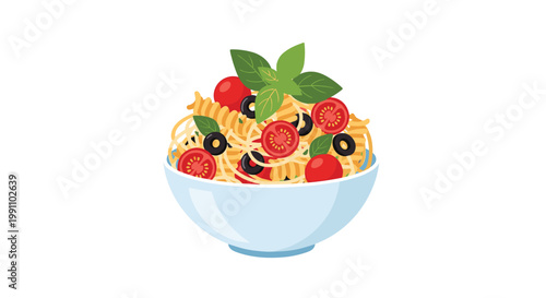 A delicious white ceramic bowl overflows with a vibrant Mediterranean pasta salad featuring spiral noodles, ripe cherry tomatoes, and fresh green basil.