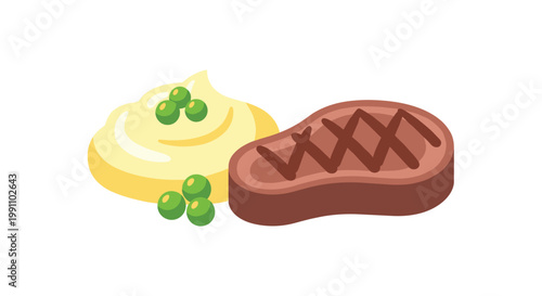 A savory grilled beef steak with distinct dark char marks is served alongside a smooth portion of creamy mashed potatoes garnished with bright green peas.