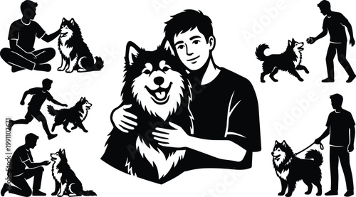 Black and white hugging man with fluffy malamute dog central close up vector art