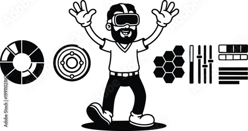 Cartoon bearded man with vr headset raising hands with hud icons black and white vector art