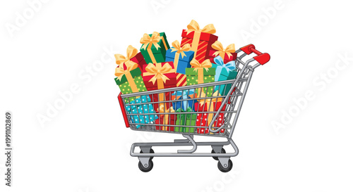 A classic silver metal shopping cart is completely filled with an assortment of brightly wrapped gift boxes featuring festive patterns and gold ribbons.