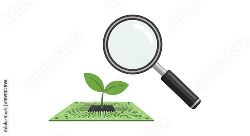 A large silver magnifying glass focuses on a delicate green plant sprout growing directly from the center of a complex green electronic circuit board.