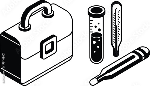 Flat black and white medical kit with thermometers and test tube isometric line art