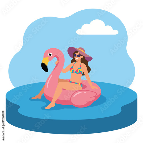 A joyful woman is lounging on a pink flamingo float in a tranquil pool setting, capturing the essence of summer fun and carefree vacations in a colorful and vibrant atmosphere.