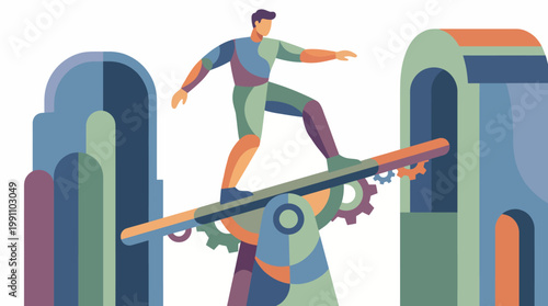 A person skillfully balances on a colorful see-saw, symbolizing equilibrium and balance in life, surrounded by modern architectural shapes.